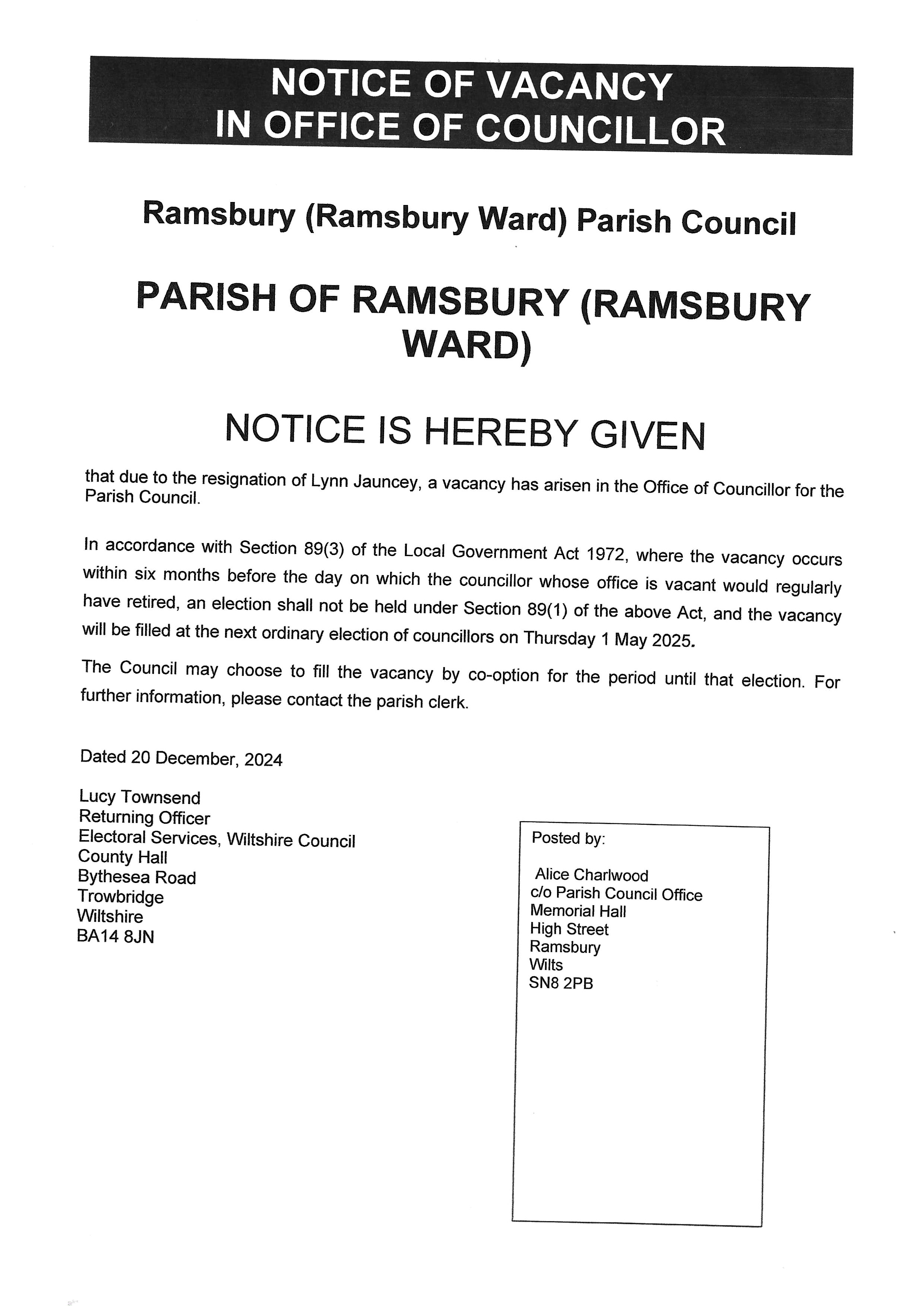 Parish Councillor resignation